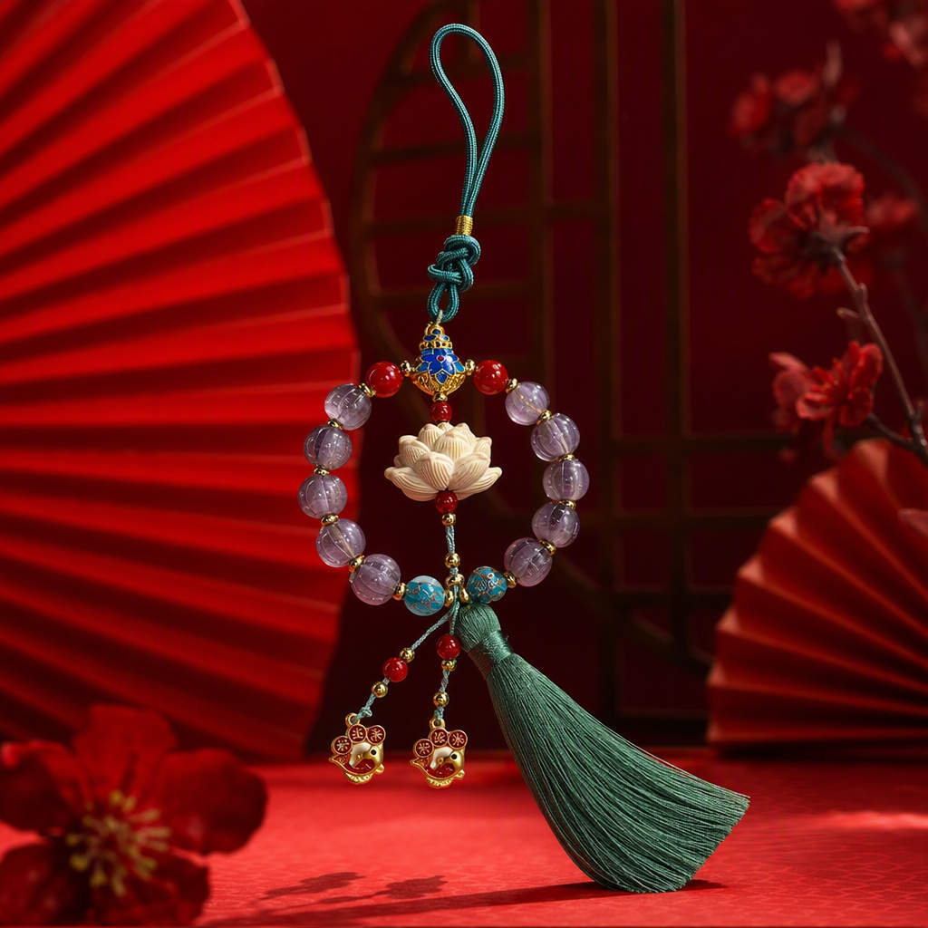 Purple beaded lotus pendant, red beads, blue and gold enamel "Good Luck" small fish pendant, fashionable accessory, gift collection Specification image