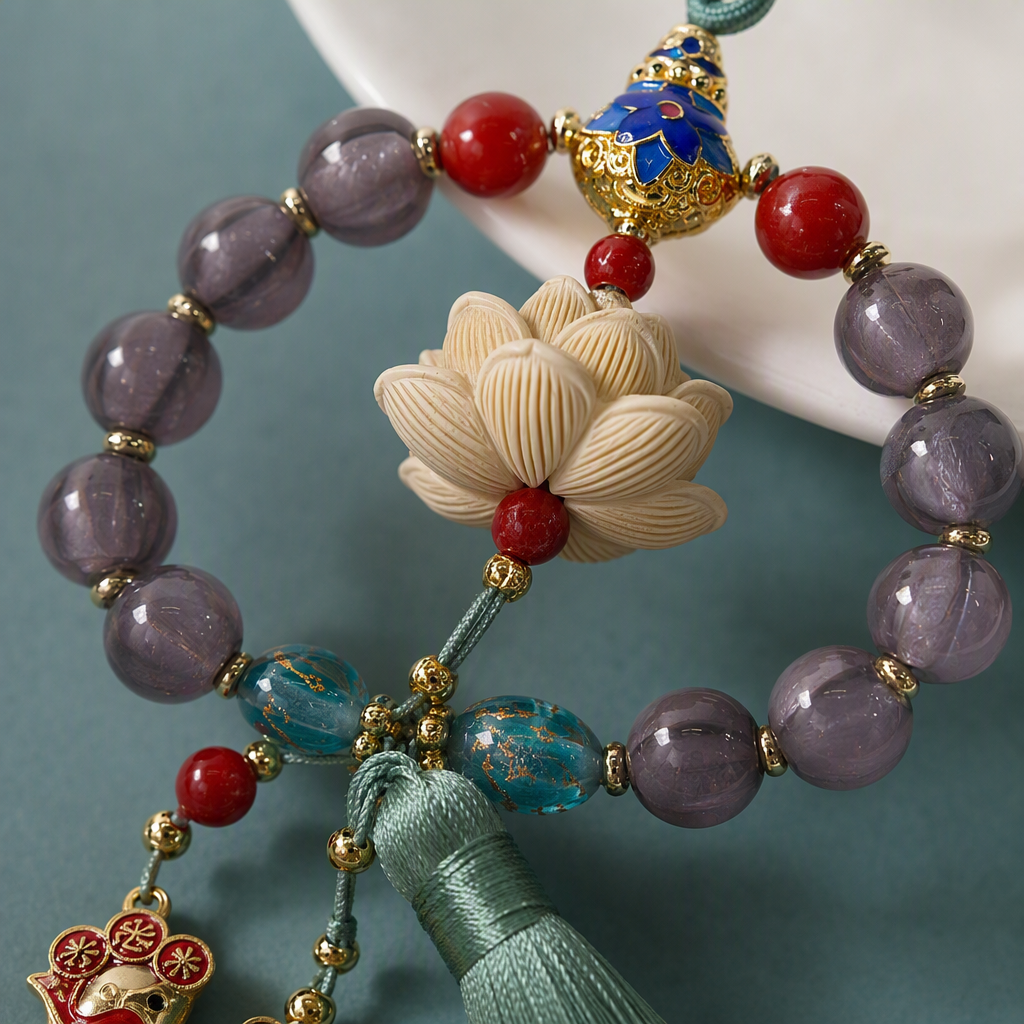 Purple beaded lotus pendant, red beads, blue and gold enamel "Good Luck" small fish pendant, fashionable accessory, gift collection Application Scenario