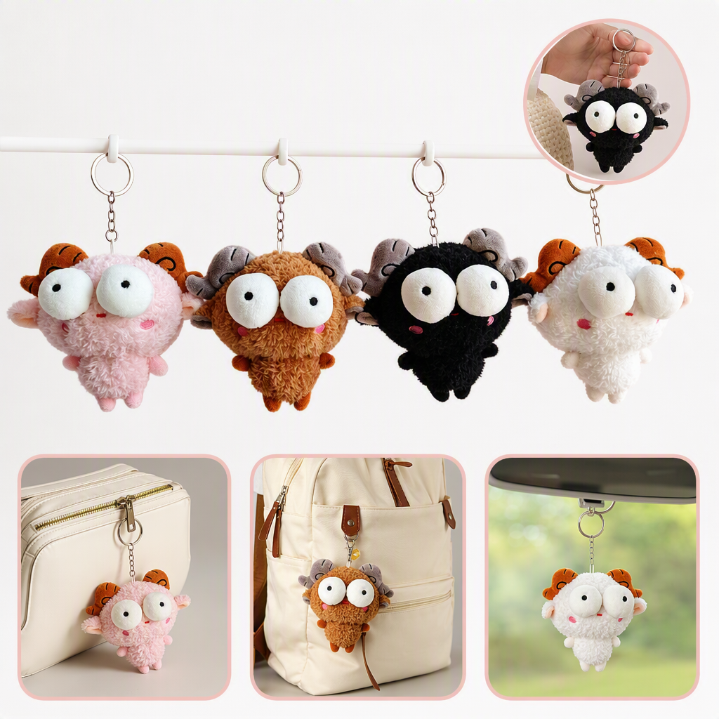 Cute little sheep plush pendant, creative little sheep figurine keychain, student schoolbag, couple pendant, small gift wholesale, pink background hanging four-color plush sheep horn keychain, cute big eyes Mother's Day gift accessories Specification image
