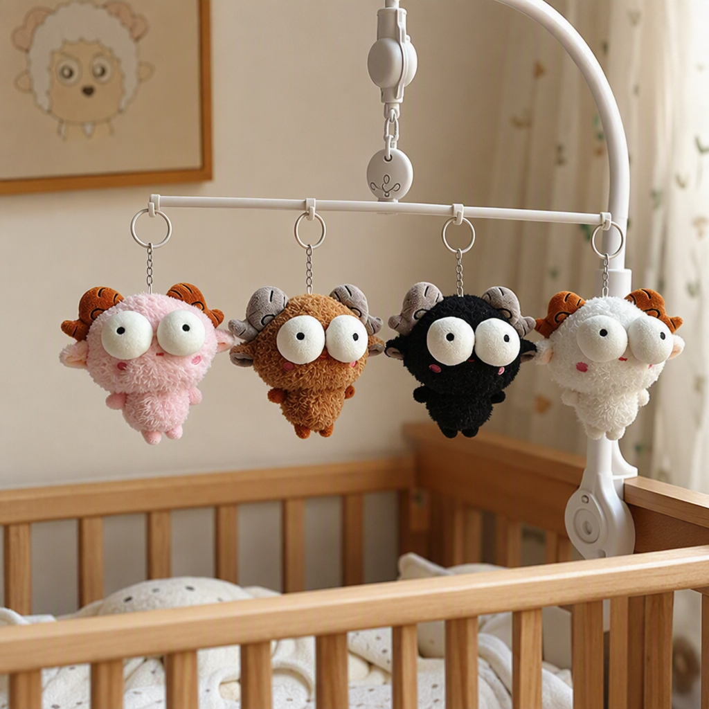 Cute little sheep plush pendant, creative little sheep figurine keychain, student schoolbag, couple pendant, small gift wholesale, pink background hanging four-color plush sheep horn keychain, cute big eyes Mother's Day gift accessories details Picture