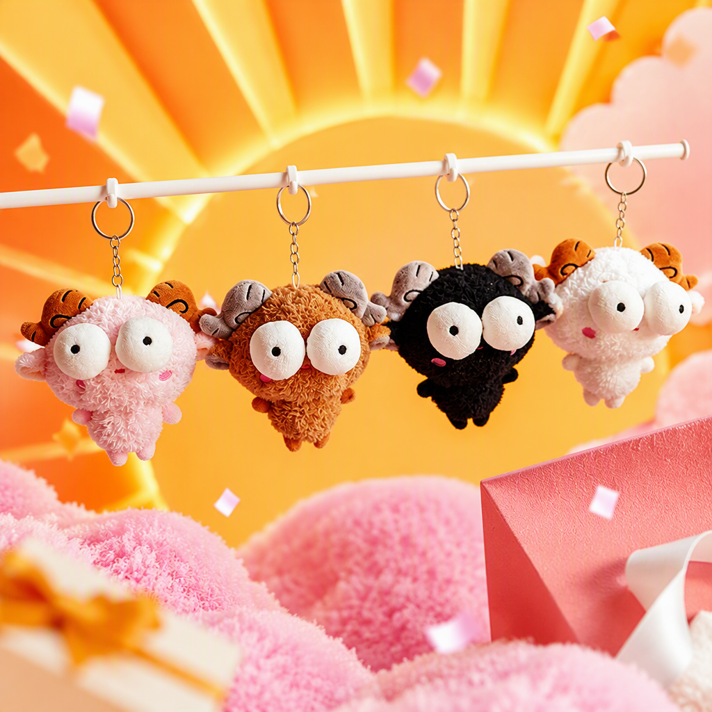 Cute little sheep plush pendant, creative little sheep figurine keychain, student schoolbag, couple pendant, small gift wholesale, pink background hanging four-color plush sheep horn keychain, cute big eyes Mother's Day gift accessories Application Scenario