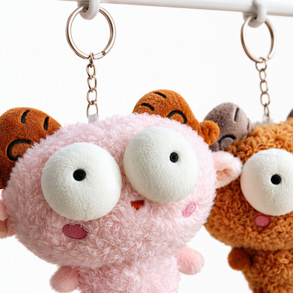 Cute little sheep plush pendant, creative little sheep figurine keychain, student schoolbag, couple pendant, small gift wholesale, pink background hanging four-color plush sheep horn keychain, cute big eyes Mother's Day gift accessories Item Picture