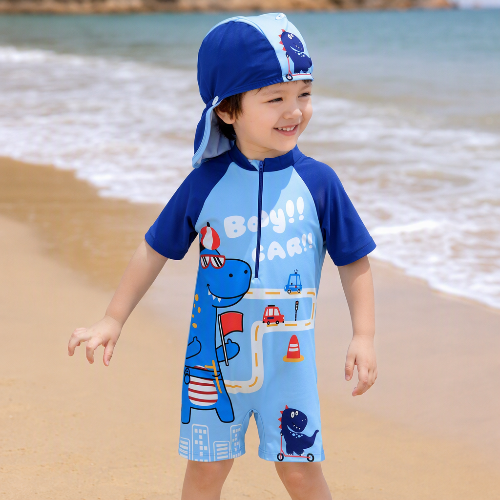 Children's one-piece swimsuit with blue and white color-blocked printed dinosaur cartoon pattern. Boys' swimsuit with blue swimming cap, new summer style details Picture