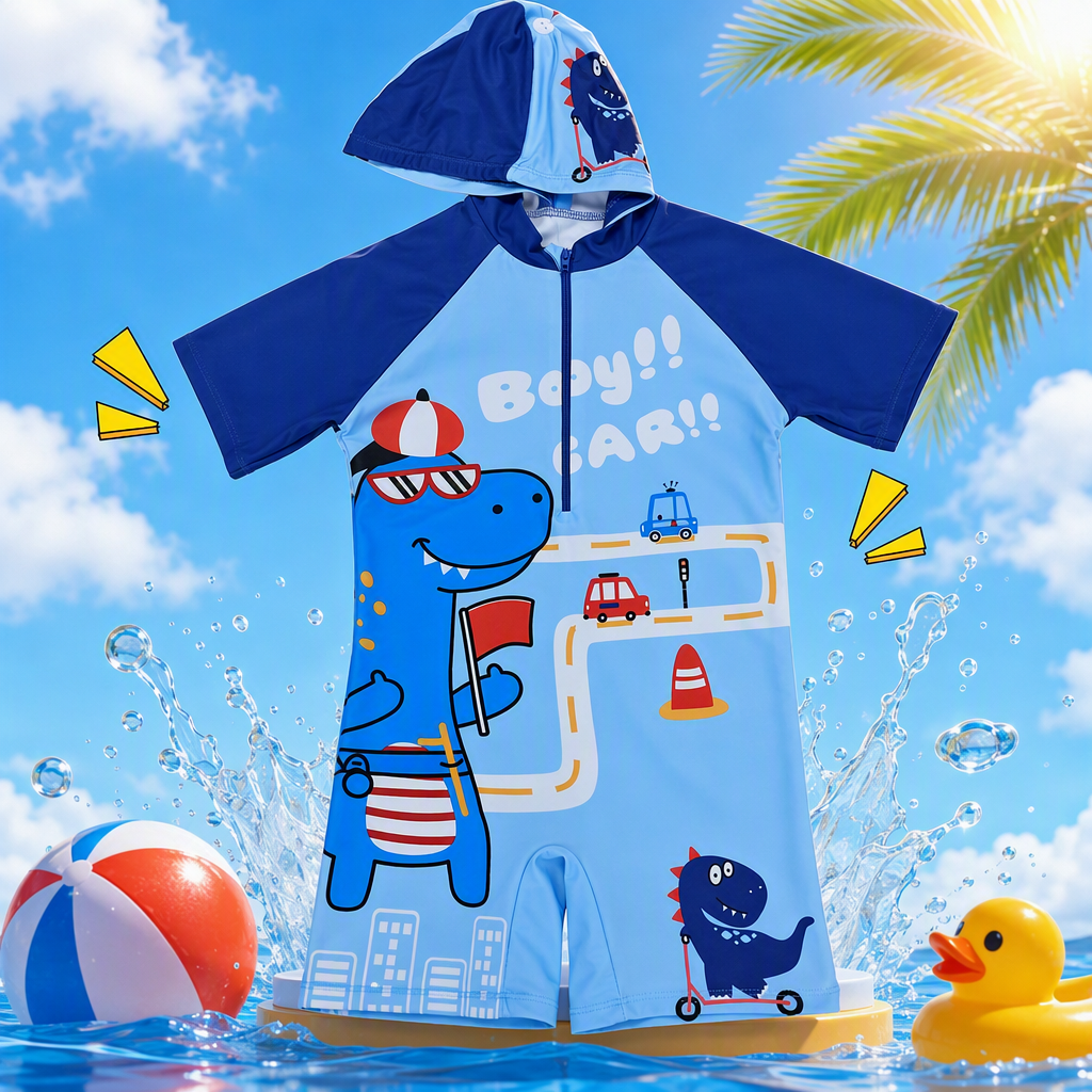 Children's one-piece swimsuit with blue and white color-blocked printed dinosaur cartoon pattern. Boys' swimsuit with blue swimming cap, new summer style Specification image