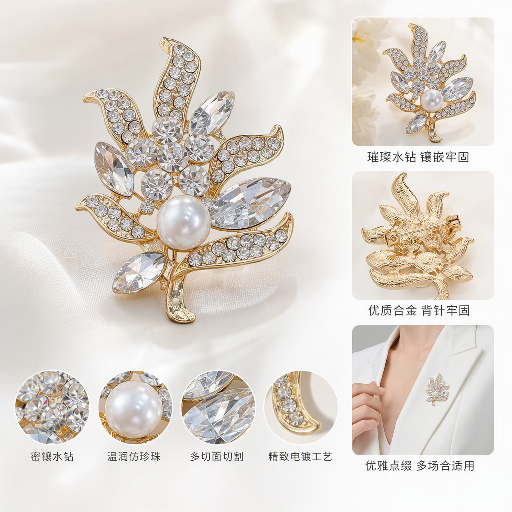 金色镶钻珍珠花型胸针时尚优雅配饰女款气质百搭饰品