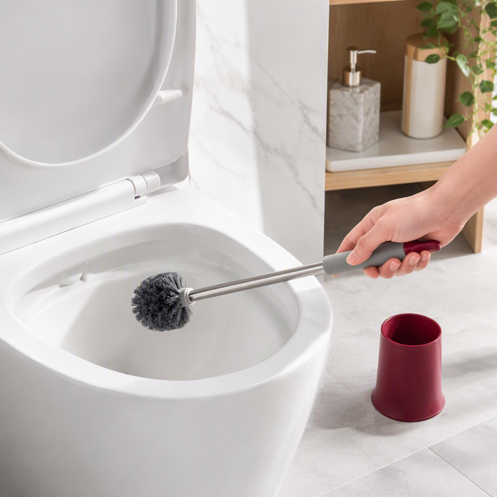 Metal rod toilet brush set, red base, grey handle, durable and practical bathroom cleaning tool details Picture