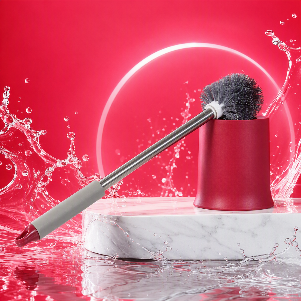 Metal rod toilet brush set, red base, grey handle, durable and practical bathroom cleaning tool Specification image