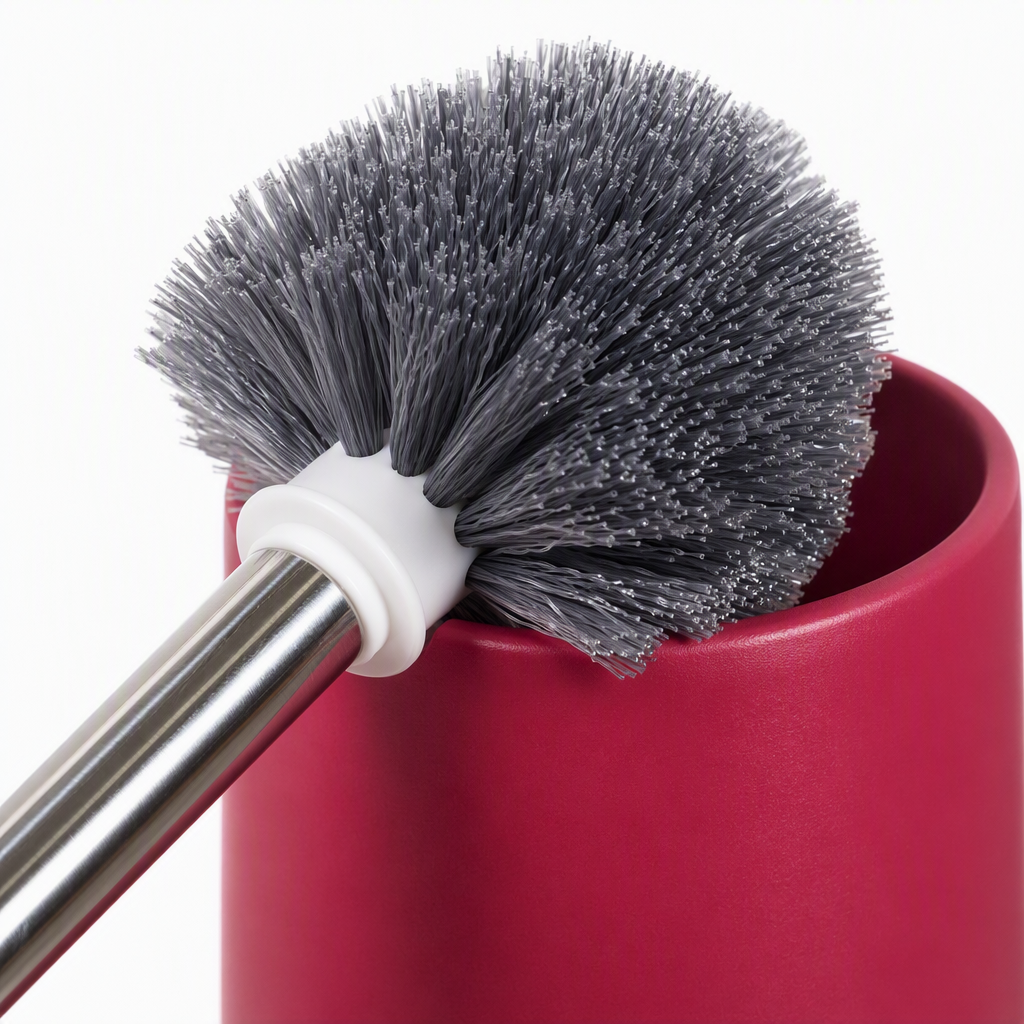Metal rod toilet brush set, red base, grey handle, durable and practical bathroom cleaning tool Application Scenario