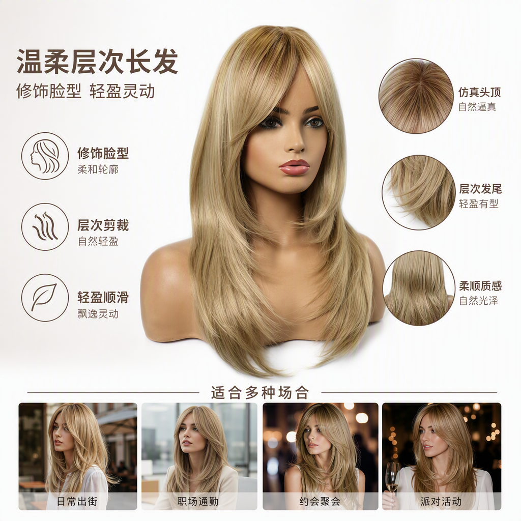 Natural curly golden long hair wig for women, Korean style, fluffy, flowing, fashionable and versatile wig accessory