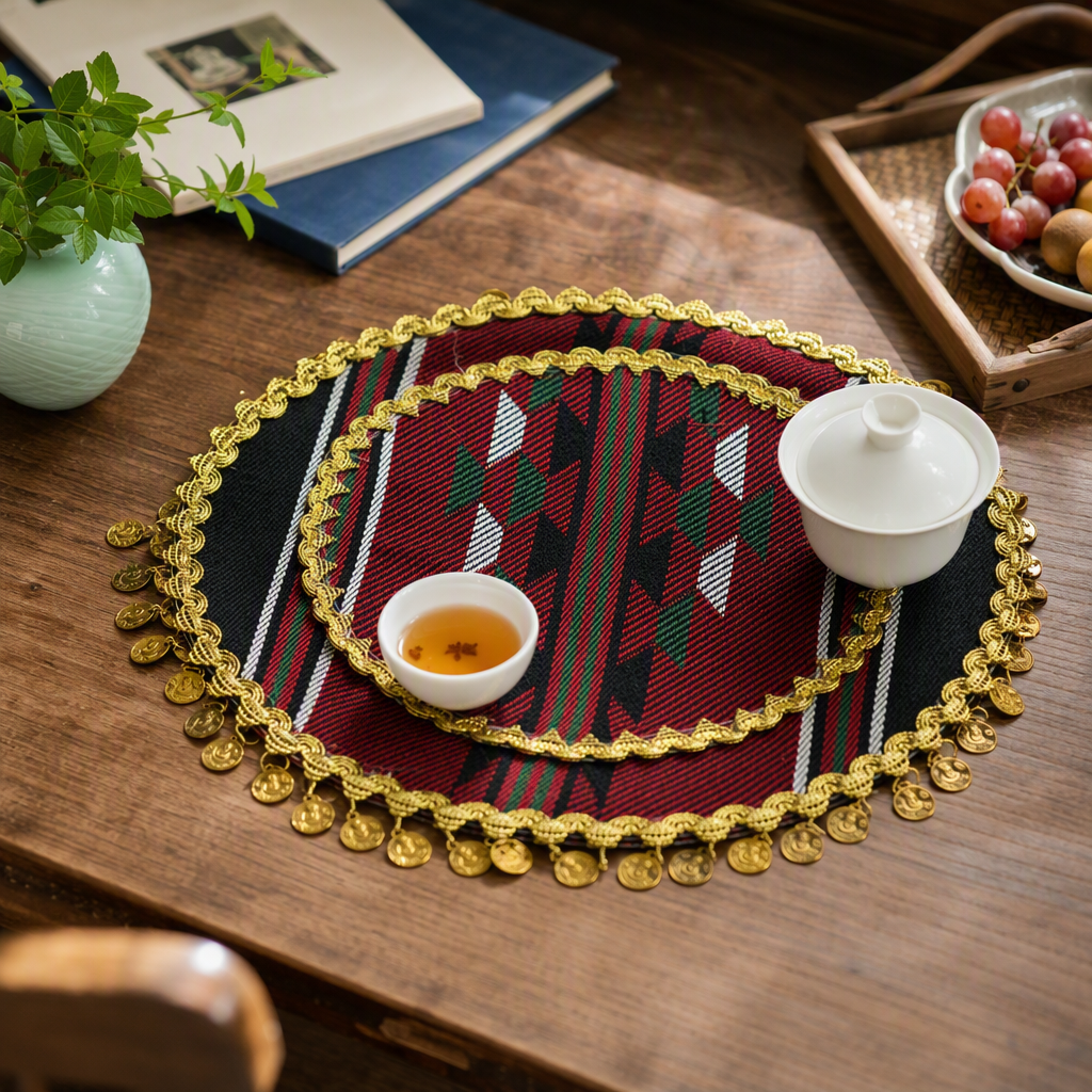 Fashionable geometric pattern fabric plate, red, black and green multi-functional tableware, creative home decoration products details Picture