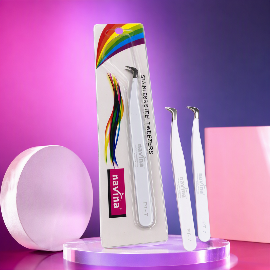 navina stainless steel tweezers PT-7 with rainbow pattern white packaging, a delicate beauty tool for holding Specification image