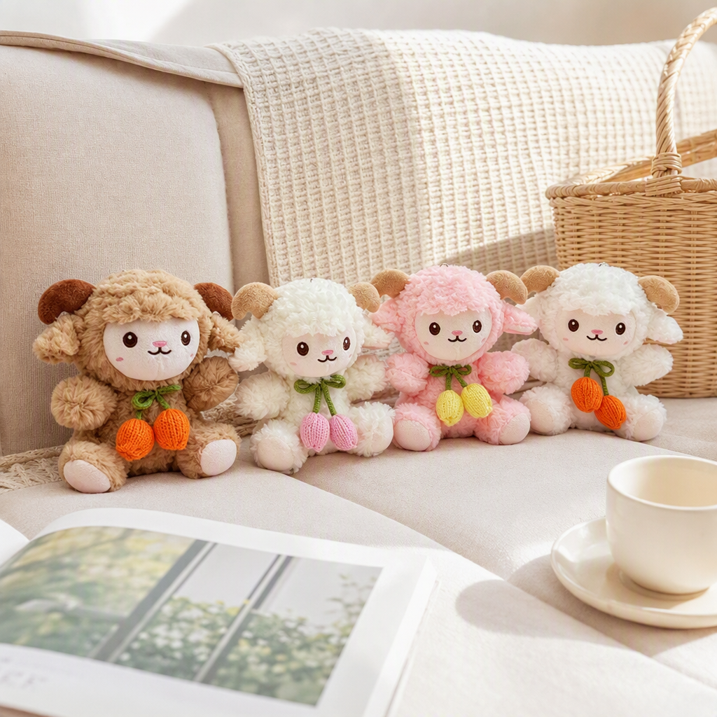 Cute and adorable little sheep dolls, plush toys, keychains, pendants, children's toys, books, pink background, four plush sheep dolls, 20cm Nepalese wool felt, simulated cat backpacks, cultural and creative handheld colorful pendants, cute dolls details Picture