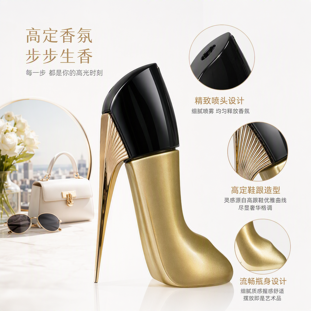The golden high-heeled shoe shaped perfume bottle is a fashionable and elegant ladies' fragrance gift set with a unique design