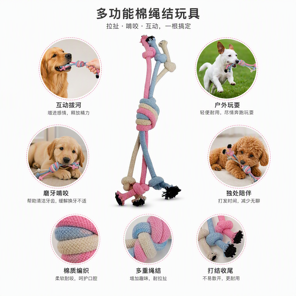 多彩绳结宠物玩具耐咬狗狗互动训练用品耐磨结绳宠物用品