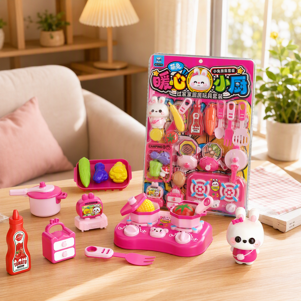 Pink children's kitchen toy set, little rabbit stove, cookware, vegetable seasoning bottle, tableware storage box, complete set of educational toys details Picture