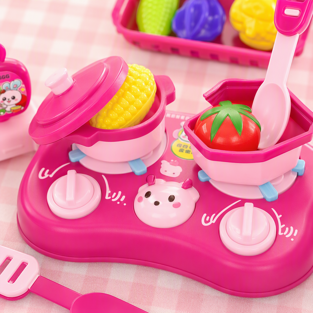 Pink children's kitchen toy set, little rabbit stove, cookware, vegetable seasoning bottle, tableware storage box, complete set of educational toys Application Scenario