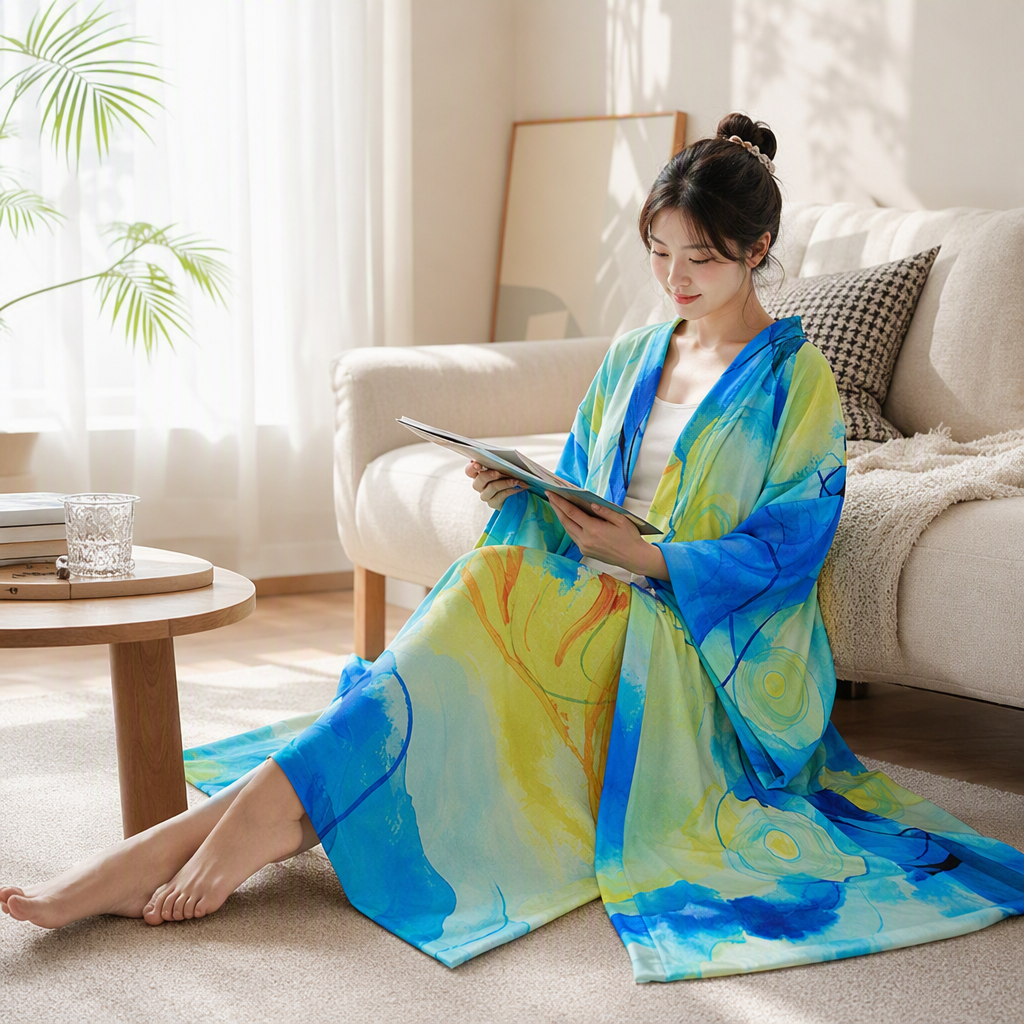 Fashionable long-sleeved top with abstract watercolor blue and yellow color block print, loose and versatile autumn new style details Picture