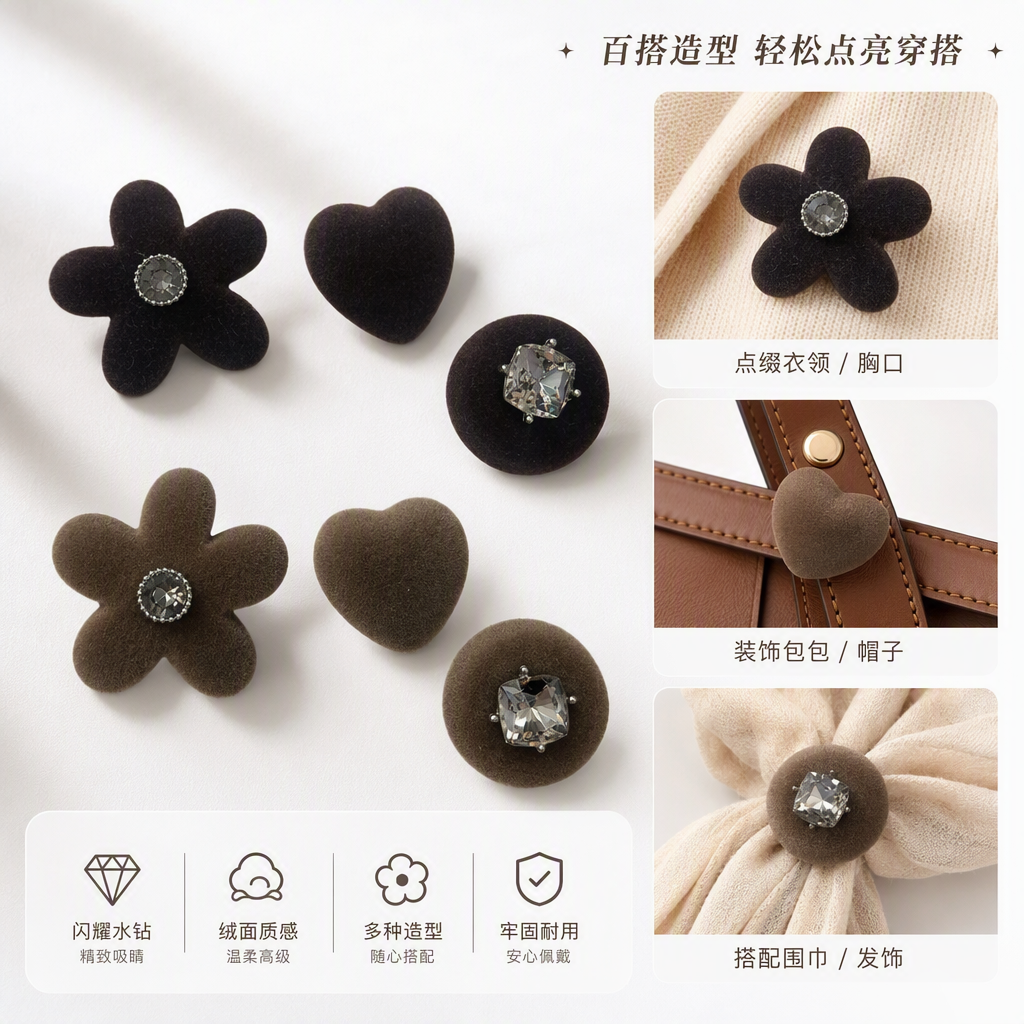 Fashionable brown suede flower-shaped heart-shaped round stud earrings, simple and versatile earrings, trendy accessories for women