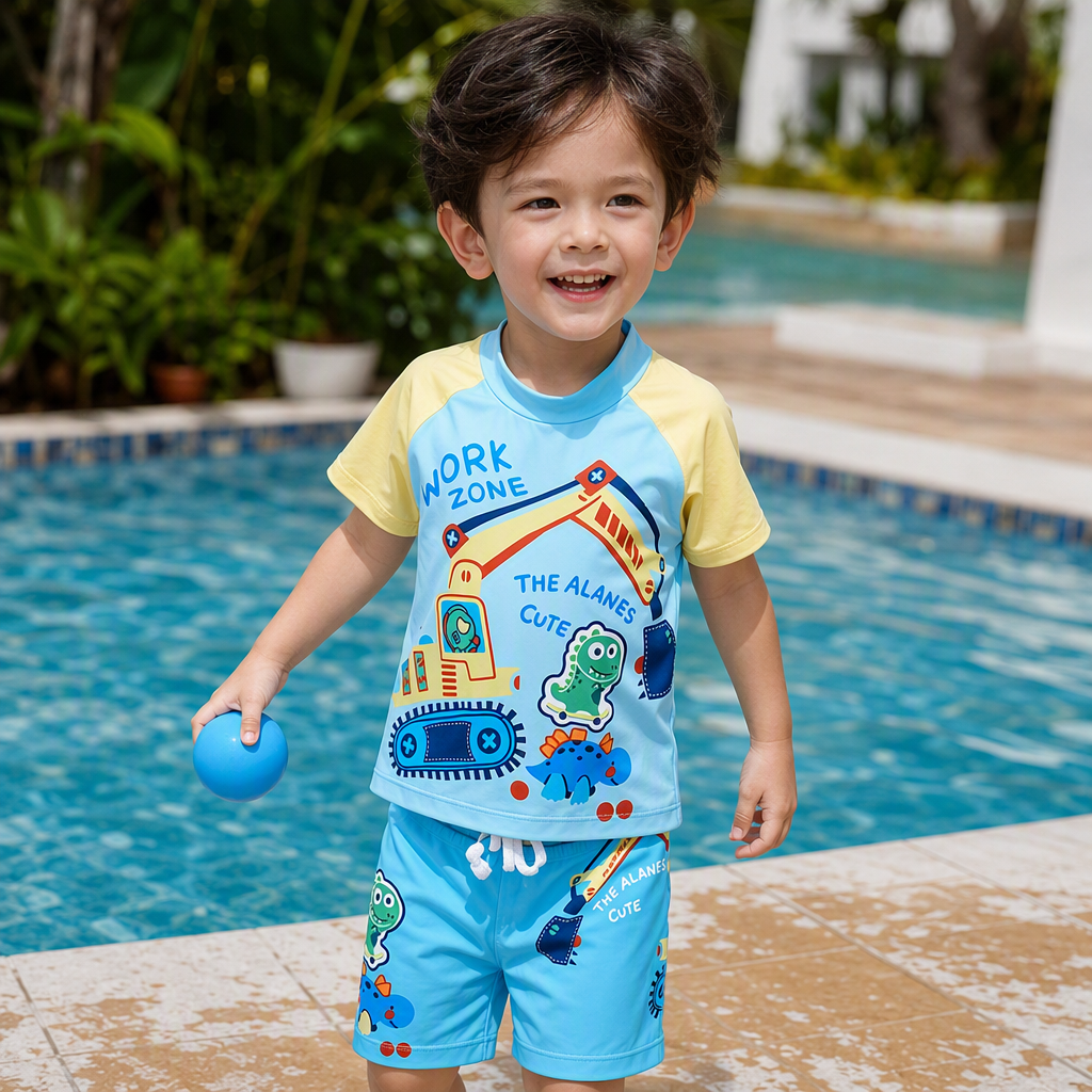 Children's swimsuit set for boys and girls, summer waterproof printed cartoon excavator dinosaur shorts and top two-piece set details Picture
