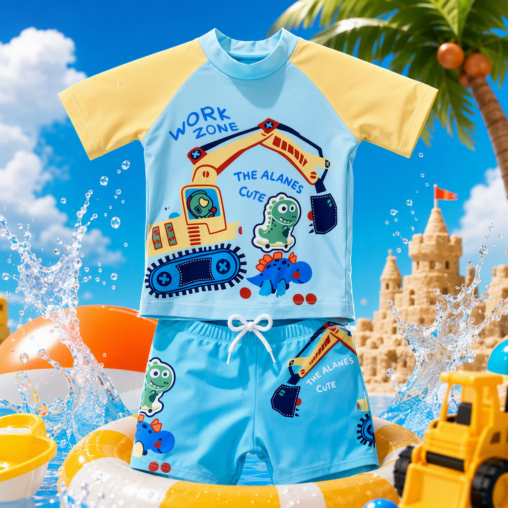 Children's swimsuit set for boys and girls, summer waterproof printed cartoon excavator dinosaur shorts and top two-piece set Specification image