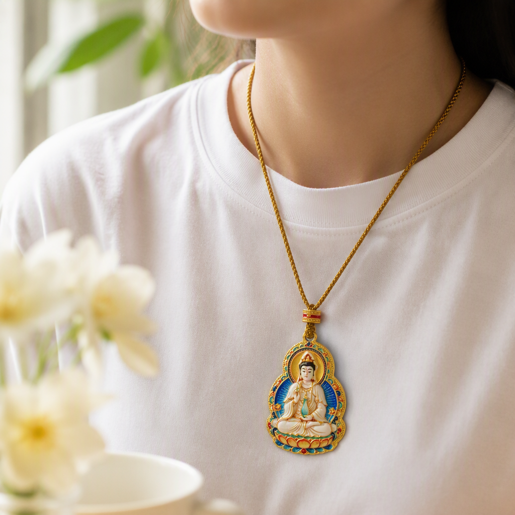 Colorful enamel Guanyin statue pendant, exquisite handcrafted Buddhist ornament, a collection of peaceful and auspicious gifts details Picture