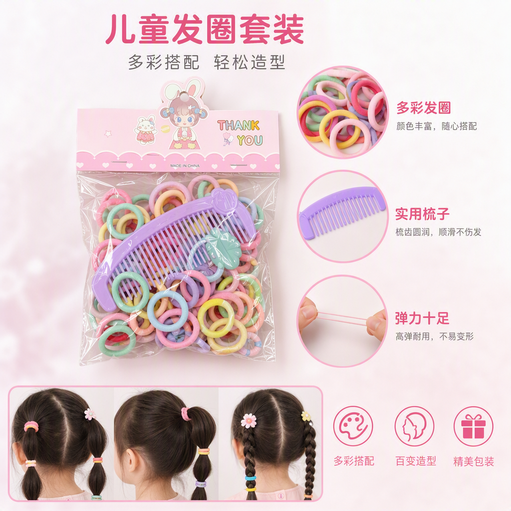 多彩发圈梳子套装儿童女生发饰发型工具组合装发饰配件百搭实用