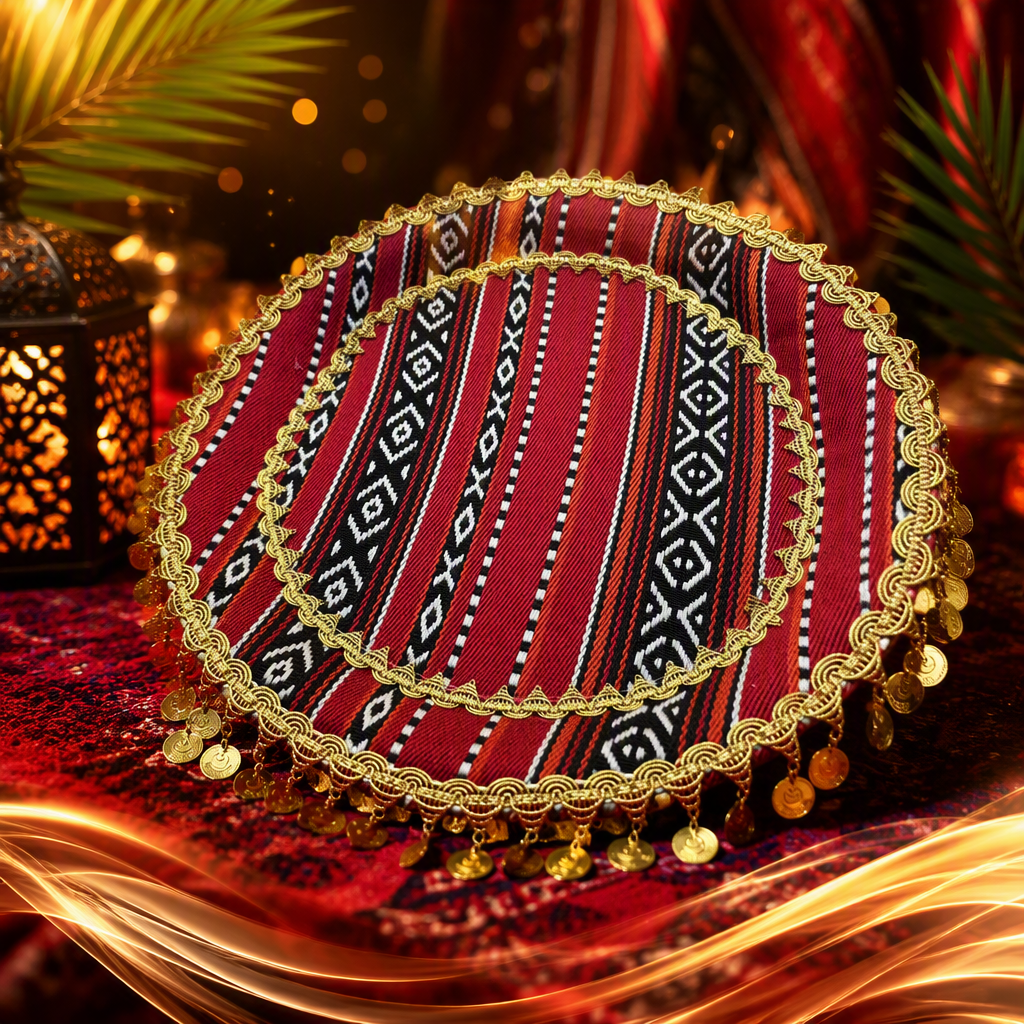 وقد صُنعت الأقمشة الحمراء بأغطية مصنوعة من أزياء مصنوعة من حبات ذهبية من طراز سوسو Specification image