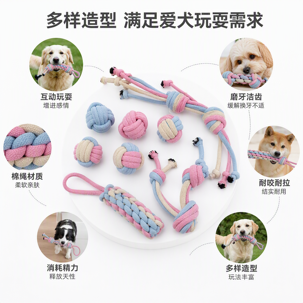 彩色绳结狗玩具耐咬耐磨宠物训练互动趣味宠物用品