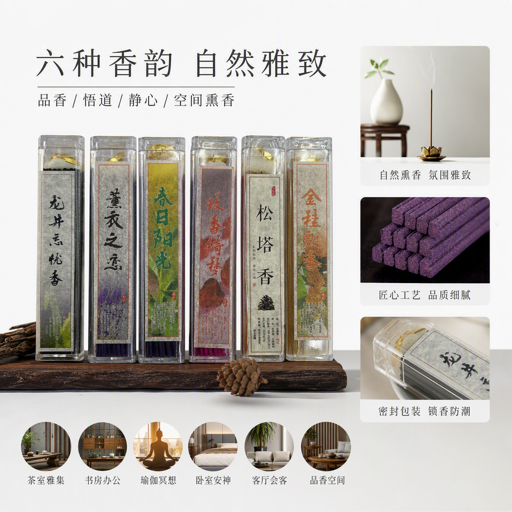 六瓶中式香薰线香透明管装多款香型香条颜色丰富顶部金箔封口香气持久自然香味怡人