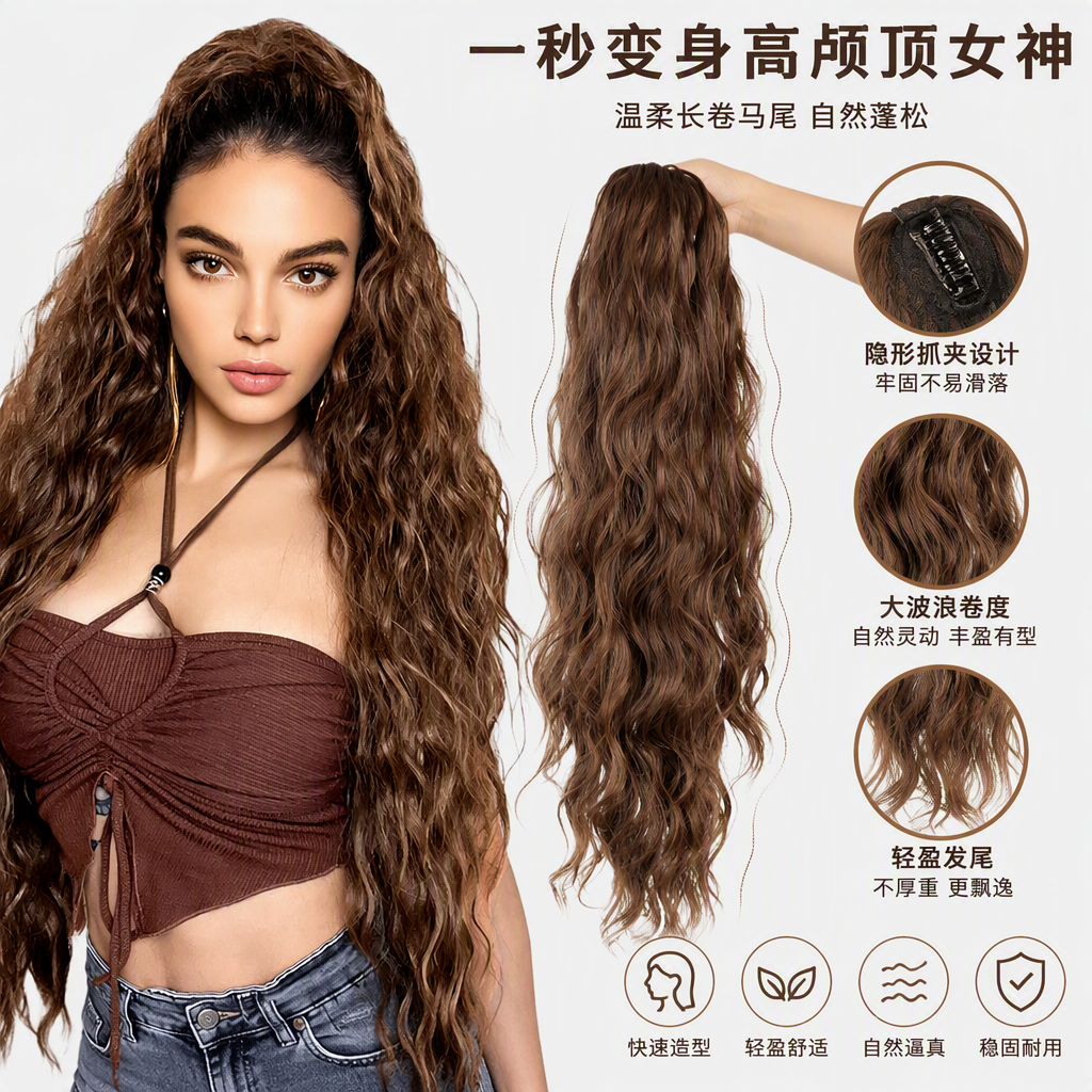 A natural-rolled brown wig with a ponytail for women to wear and show a close-up of a handheld fashionable and versatile hairstyle accessory