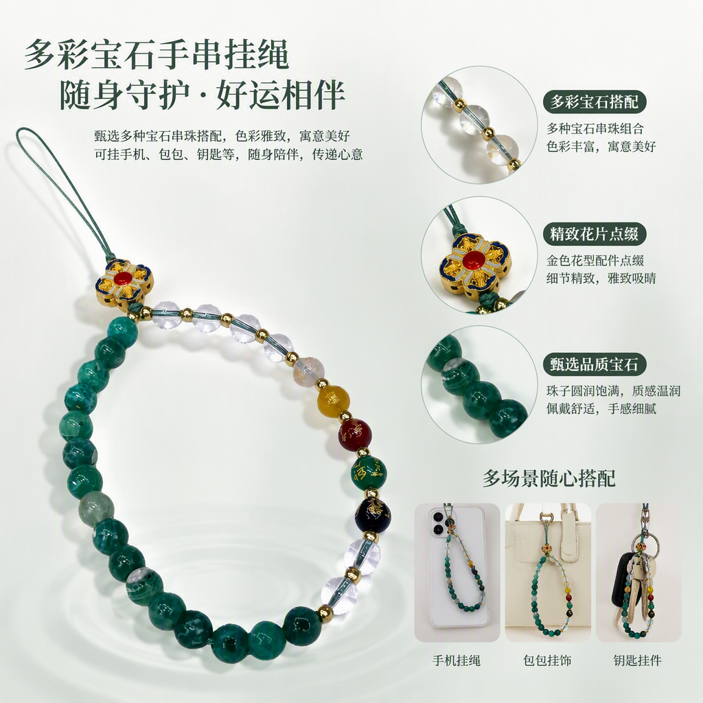 Fashionable green beaded mobile phone lanyard, simple and versatile, anti-drop pendant, trendy accessory