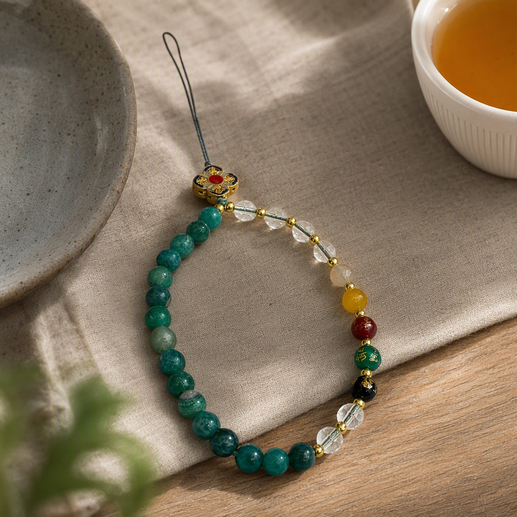 Fashionable green beaded mobile phone lanyard, simple and versatile, anti-drop pendant, trendy accessory details Picture