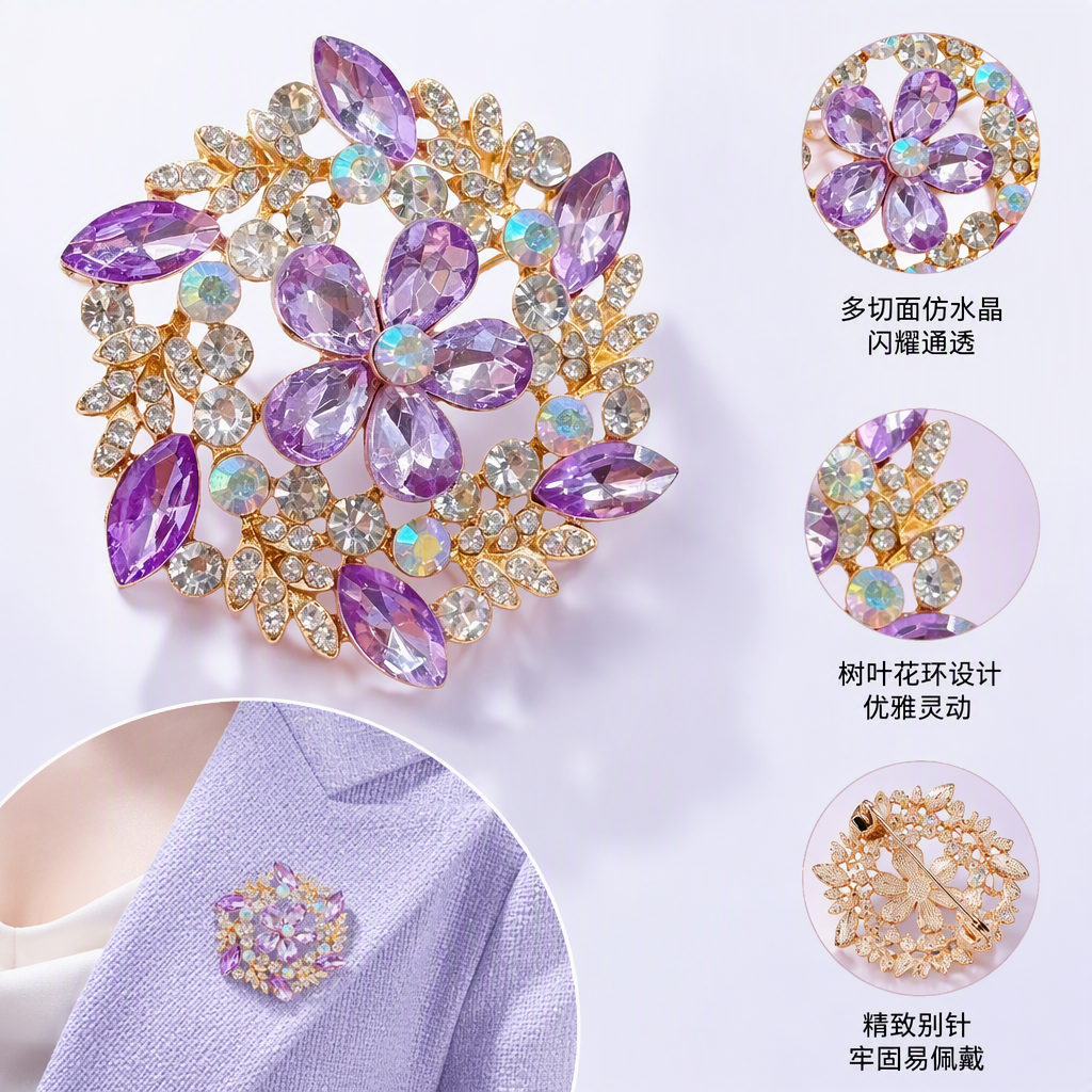 优雅紫色水晶花朵胸针时尚饰品女士别针配饰百搭款