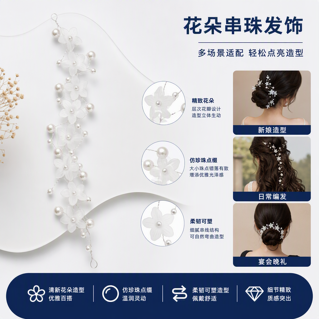Elegant and sweet white flower pearl hair accessories, hair clips, hair bands, hair accessories, hairstyle decorations, hair accessories
