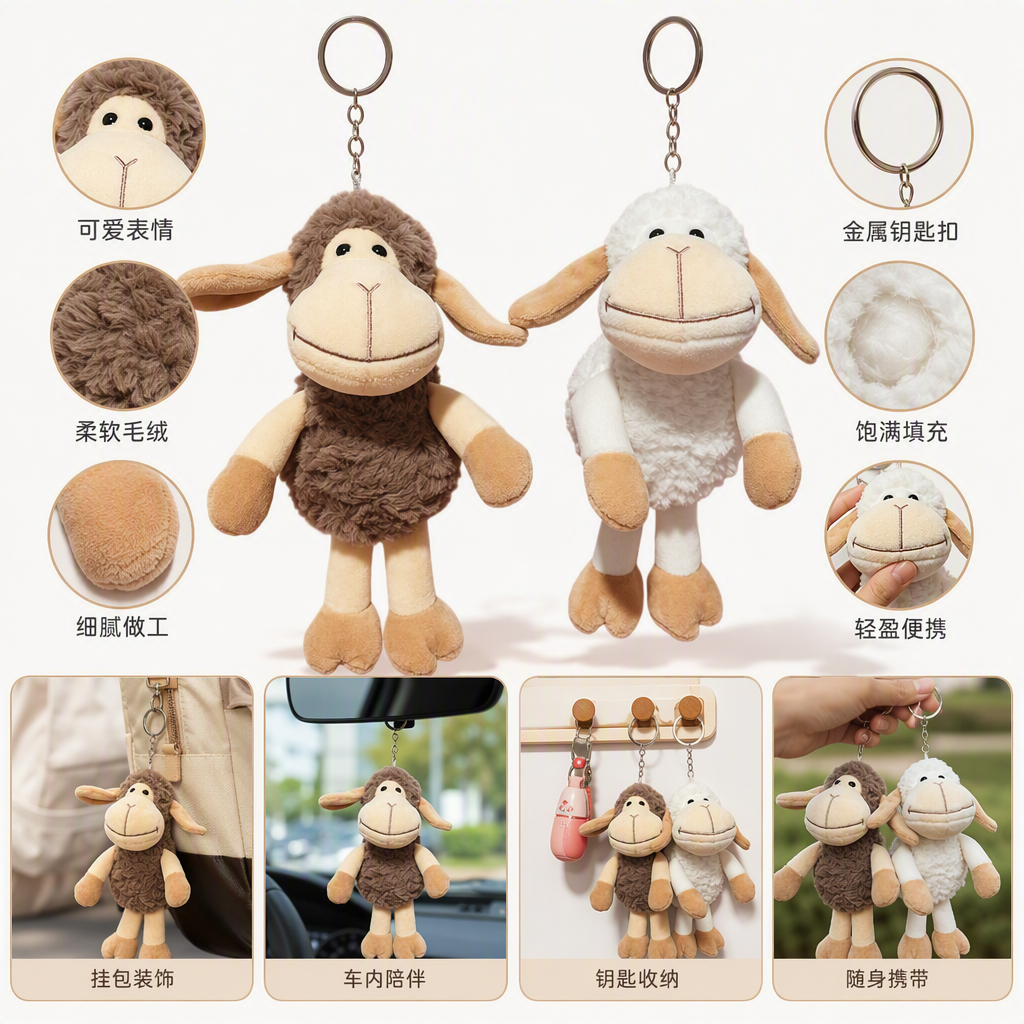 Brown and white Velvet Sheep Mother's Day keychain, faux plush little sheep pendant, cute standing figure, keychain bag, decorative little doll, souvenir, cultural and creative plush keychain, cute key chain accessory, gift and giveaway Specification image