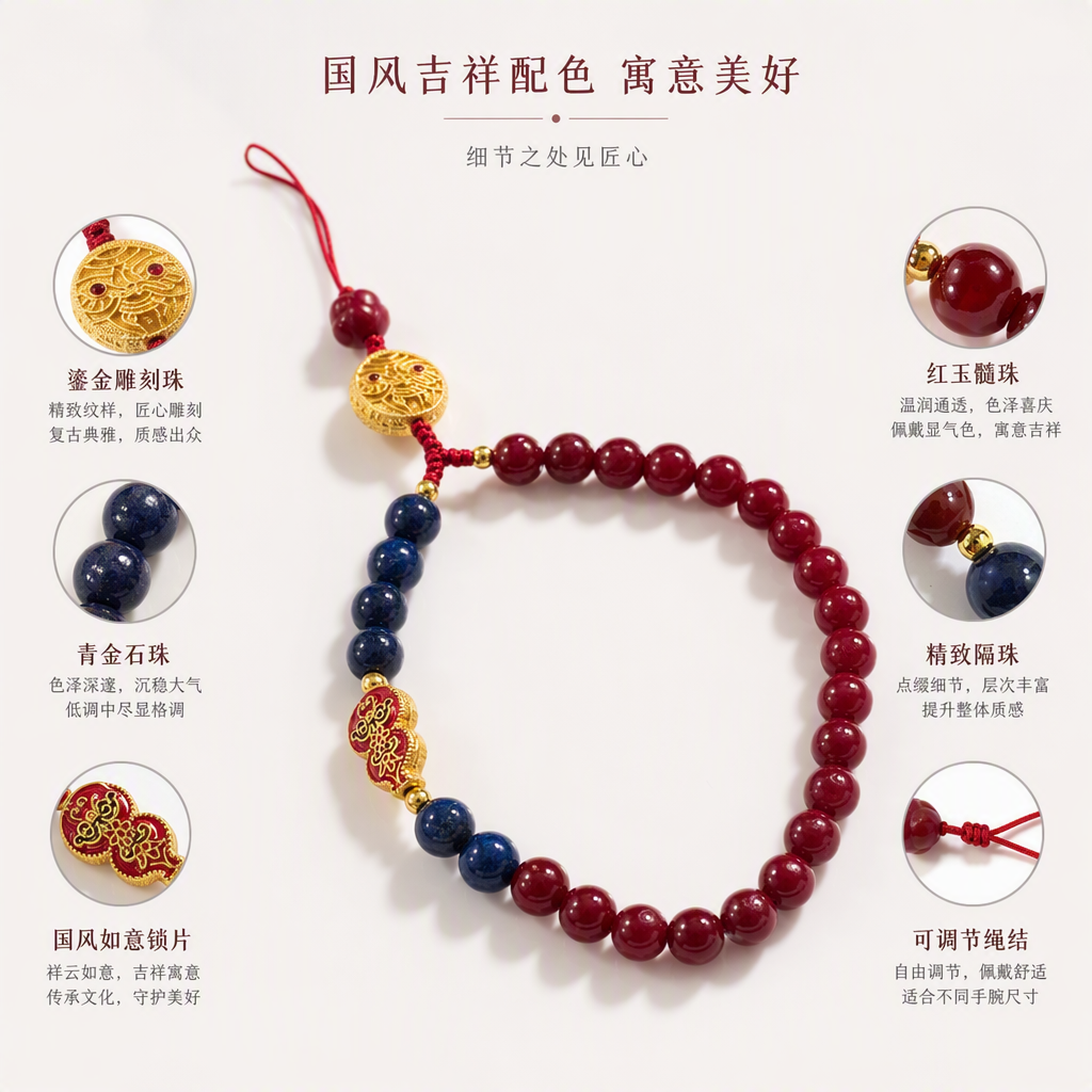 This fashionable red beaded bracelet is decorated with blue beads and gold ornaments. It is a simple and versatile accessory for girls