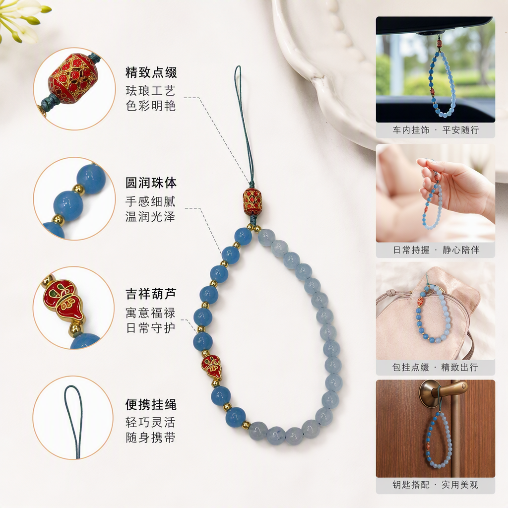 Blue beaded mobile phone lanyard with red gold edge decorative small beast pendant, fashionable and trendy accessory gift