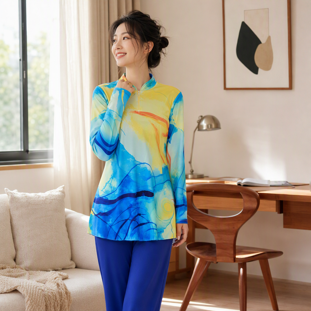 A fashionable colorful abstract pattern top paired with fresh blue trousers is a casual and versatile trendy new product details Picture