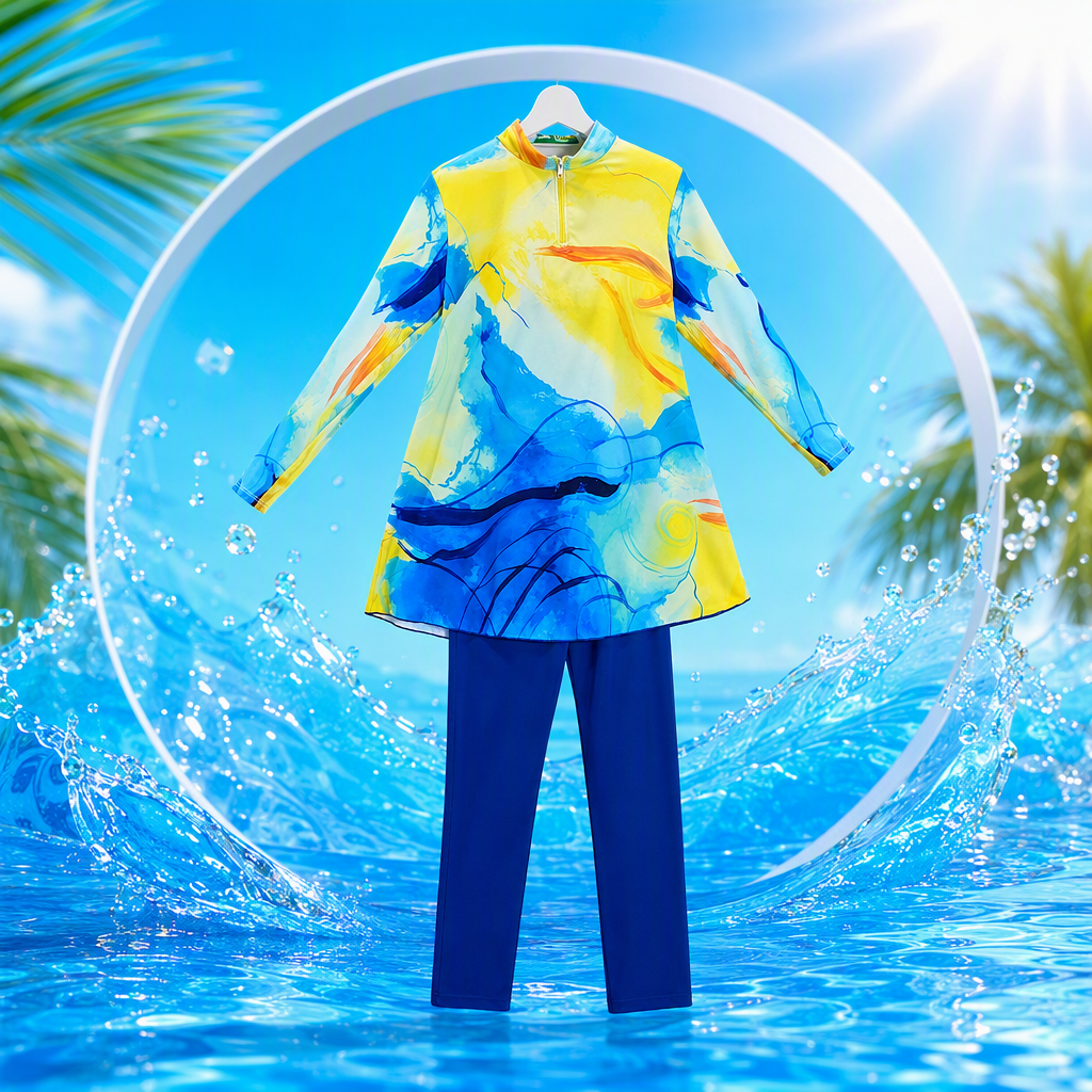 A fashionable colorful abstract pattern top paired with fresh blue trousers is a casual and versatile trendy new product Specification image