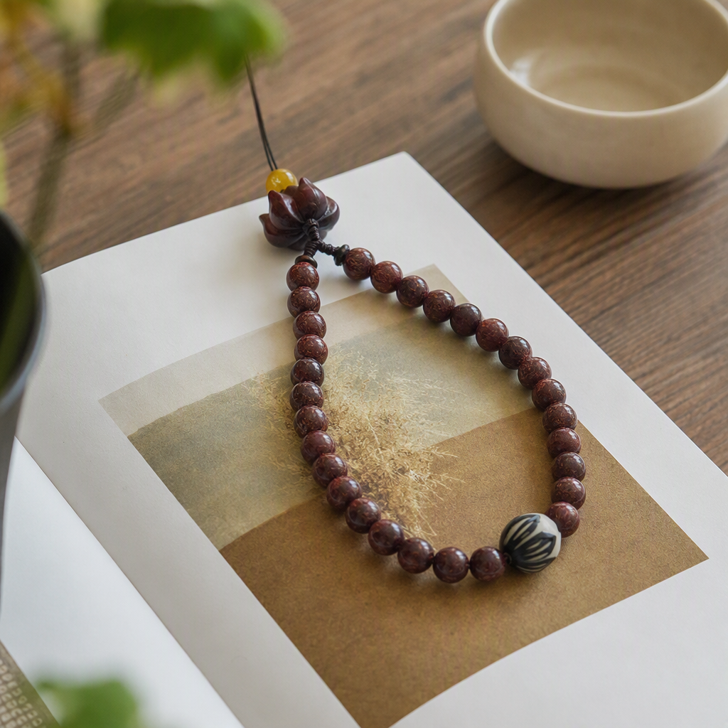 Deep red beaded bracelet, lotus pendant, black and white patterned beads, fashionable and versatile jewelry for women details Picture