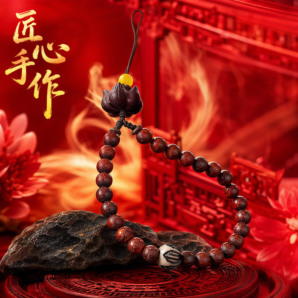 Deep red beaded bracelet, lotus pendant, black and white patterned beads, fashionable and versatile jewelry for women Specification image