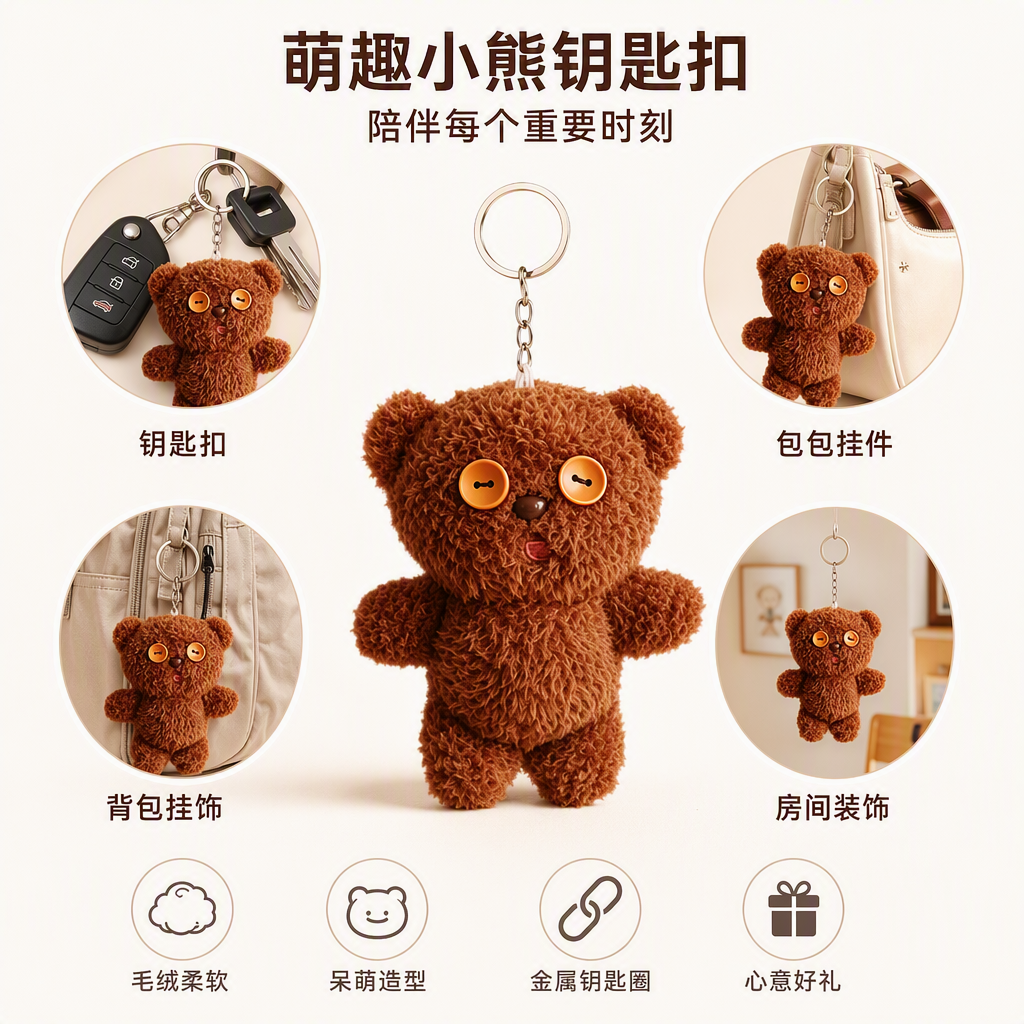 Coffee bear plush pendant, cute cartoon keychain, hanging accessory, doll doll, available for export, creative animation, brown plush bear keychain, Mother's Day gift, keychain accessory, cute key chain jewelry for your girlfriend Specification image