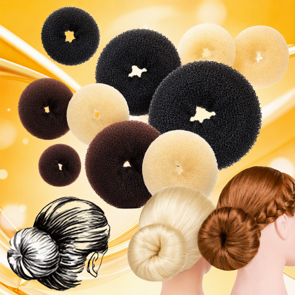 Multi-color hair band and bun styling tool, hairstyle demonstration figure, suitable hair styling tool set Specification image