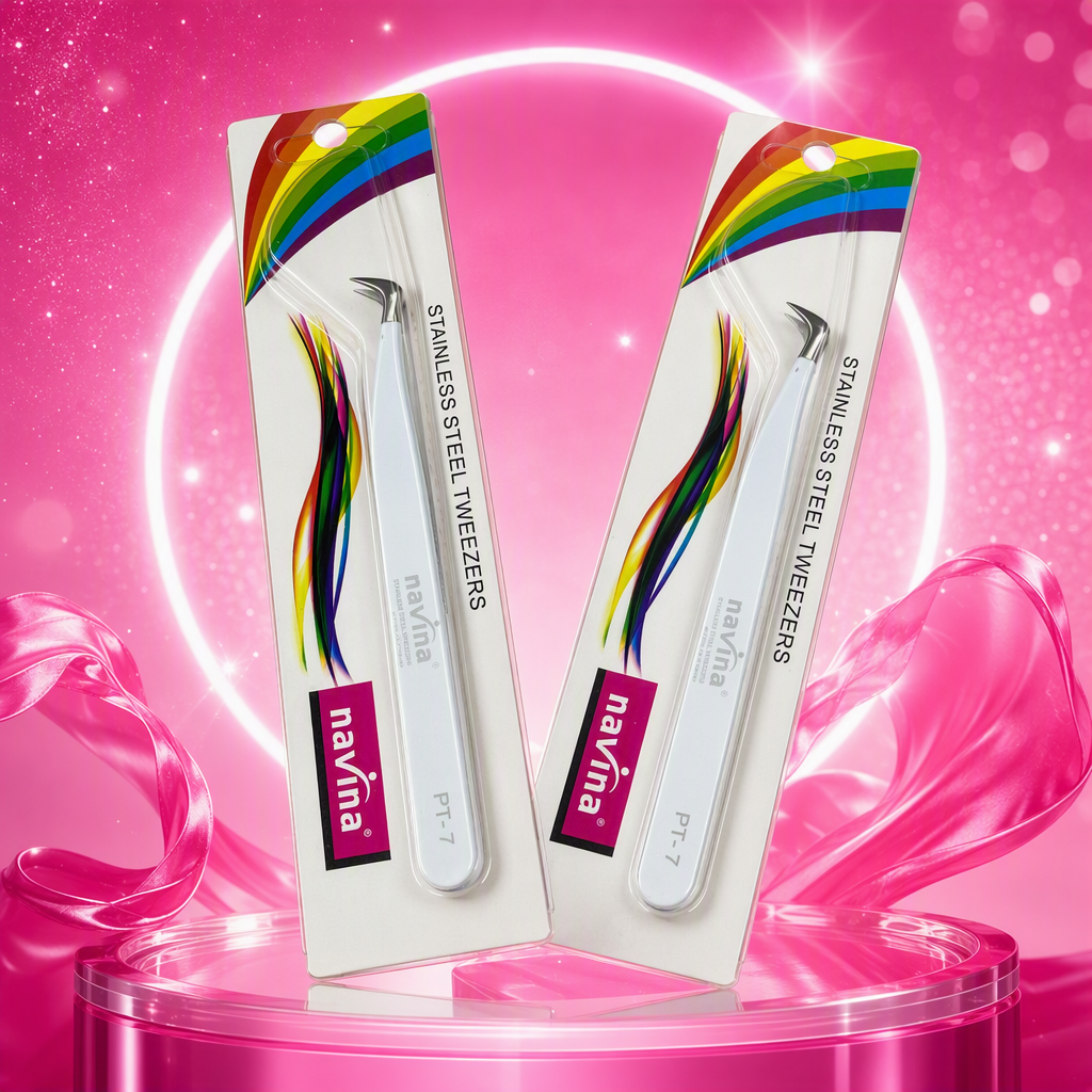 Rainbow pattern, white packaging, stainless steel tweezers, white handle, metal chuck, fine grip, beauty and eyebrow shaping tool navina PT-7 model Specification image