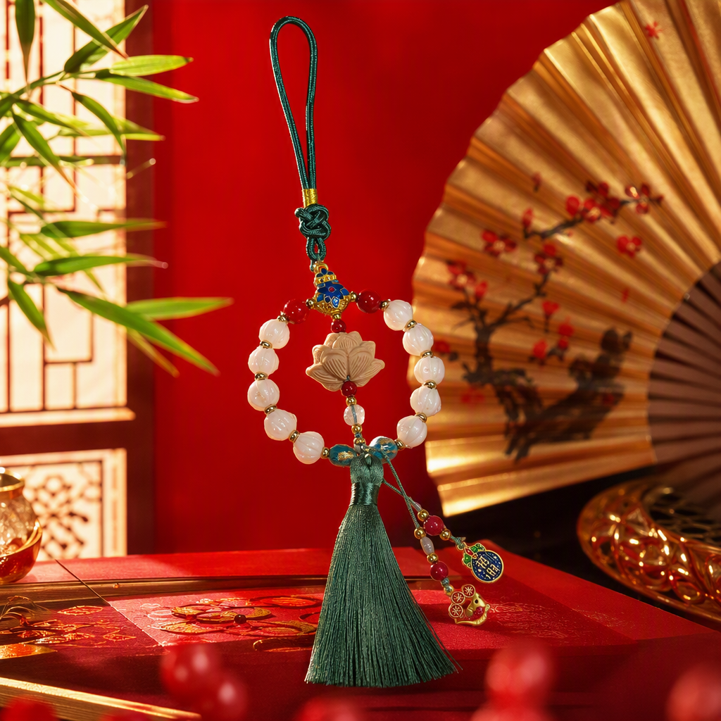 A fashionable green lanyard paired with a lotus bead pendant is simple, versatile and trendy accessory for both women and men Specification image