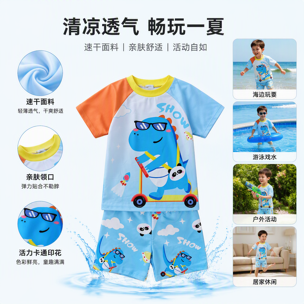 Colorful children's swimsuit set: Dinosaur skateboard pattern top with shorts, summer sun protection casual swimsuit set for children