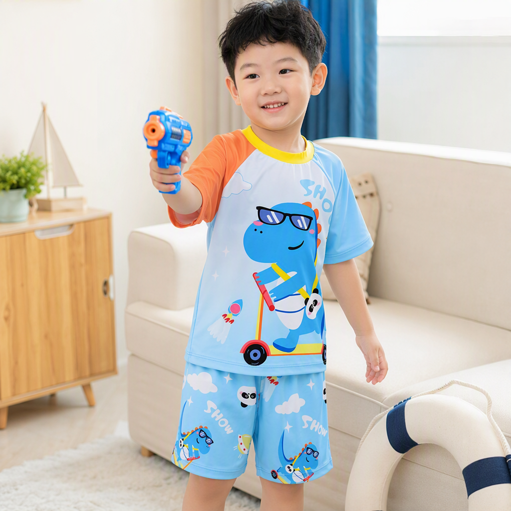 Colorful children's swimsuit set: Dinosaur skateboard pattern top with shorts, summer sun protection casual swimsuit set for children details Picture