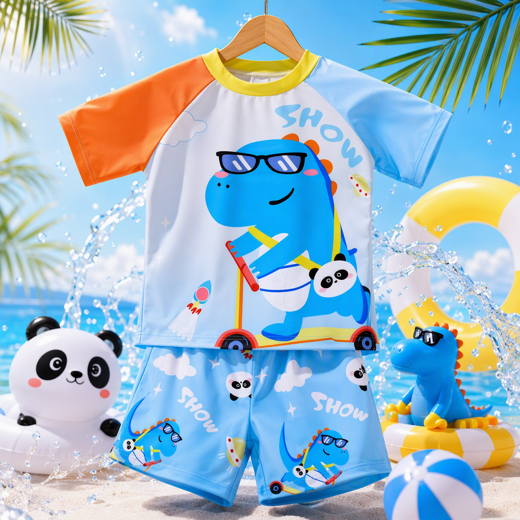 Colorful children's swimsuit set: Dinosaur skateboard pattern top with shorts, summer sun protection casual swimsuit set for children Specification image