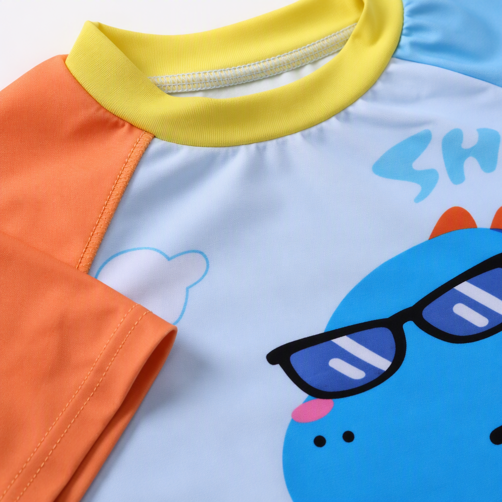 Colorful children's swimsuit set: Dinosaur skateboard pattern top with shorts, summer sun protection casual swimsuit set for children Application Scenario