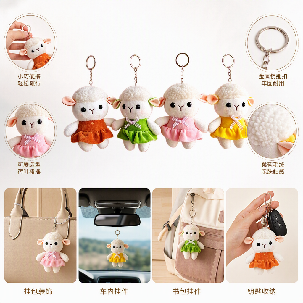 Cute standing little sheep pendants, plush toys, keychains, bags, decorative dolls, export batch products, four white little sheep dolls in colorful skirts, keychains, Mother's Day gifts, keychains, accessories, fashionable and cute Specification image